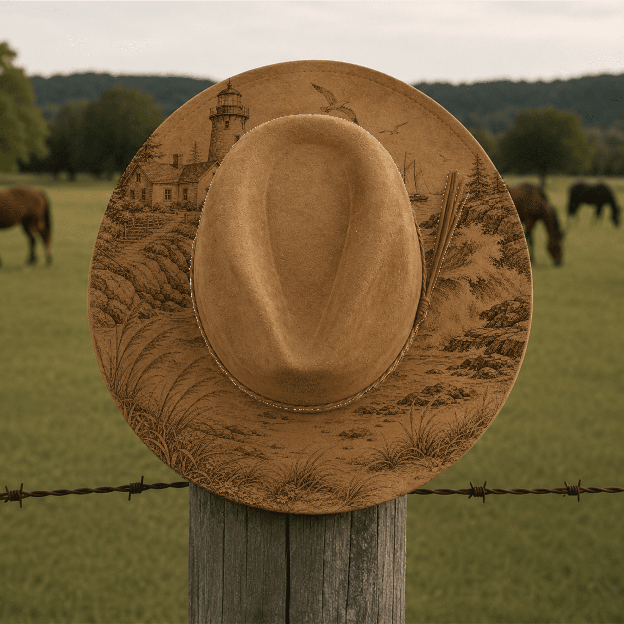 Camel Full Brim finished hat with lighthouse engraving