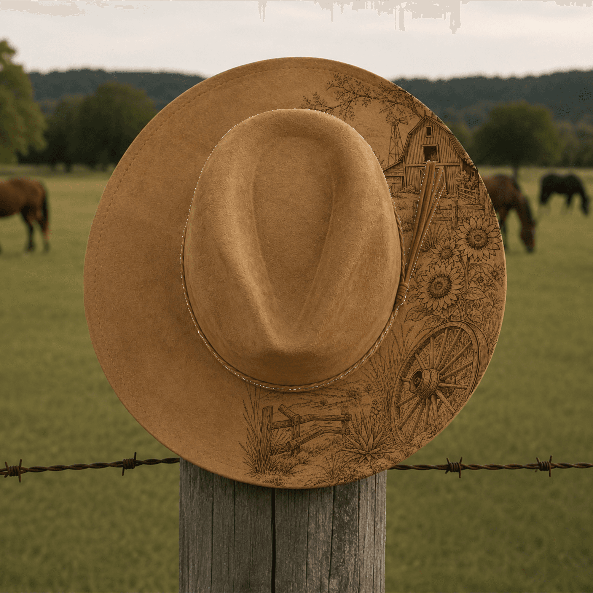 Camel Half Brim finished hat with barn and wagon wheel engraving
