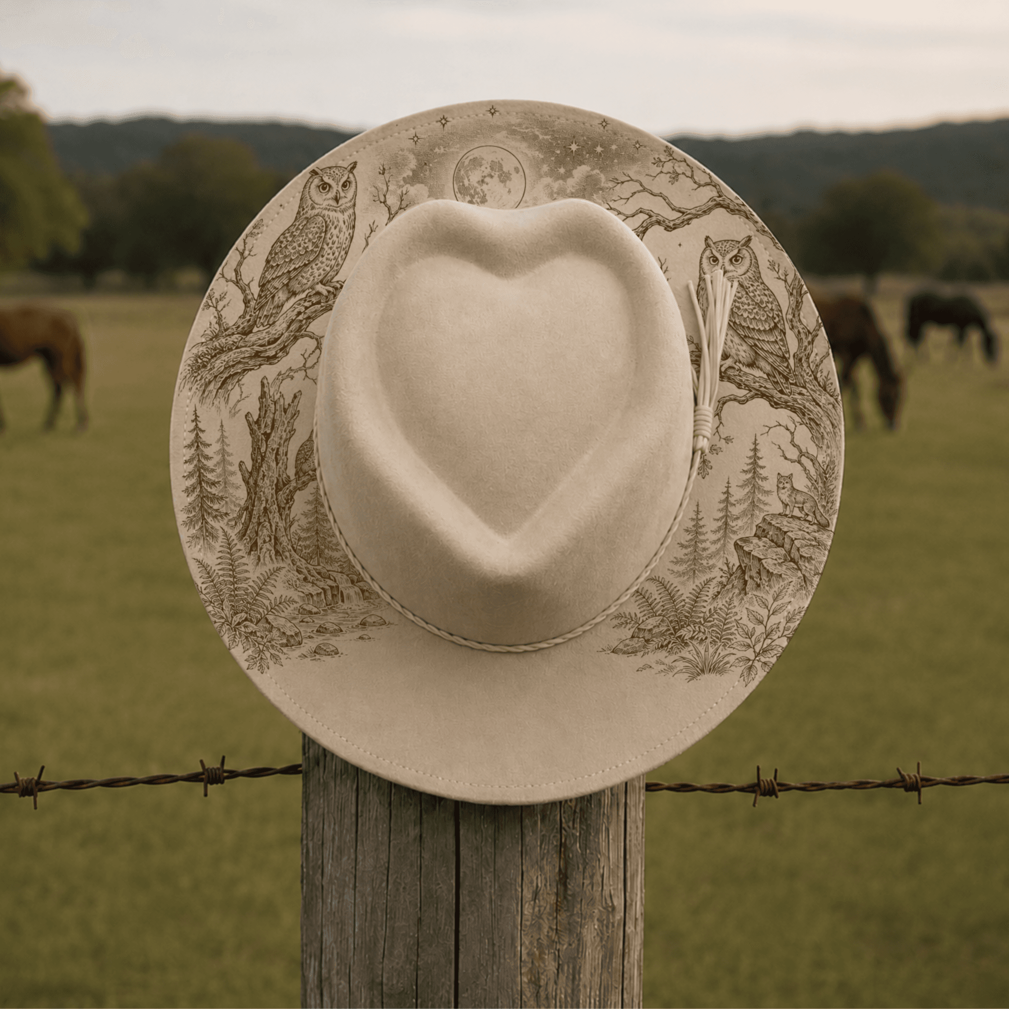 Tan three-quarter brim finished hat with owl engraving